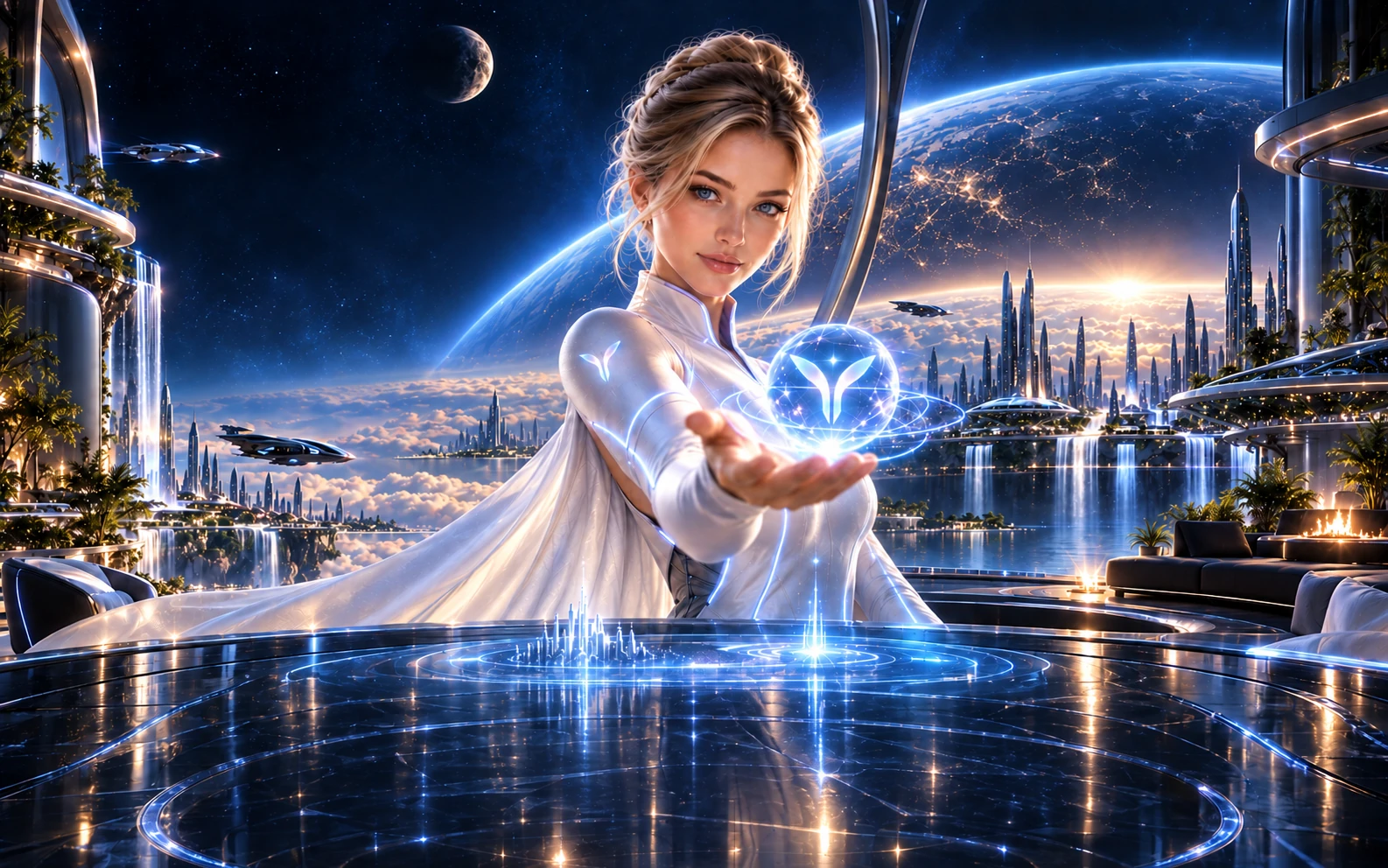 YSELYA reaches forward with a luminous hologram, surrounded by a futuristic city beneath a vast planetary horizon